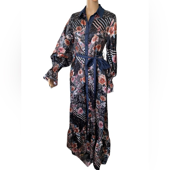 eien Dresses & Skirts - Eien Black Boho Hippie Eclectic Floral Geometric Puffer Long Sleeve Maxi Dress